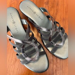 Women’s shoes by Karen Scott.  Size 8, color pewter.  Heel about 1.25 inch.